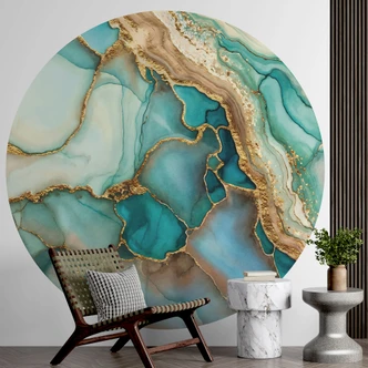 Papel pintado Ondas jaspeadas en turquesa y oro - Haase - Redondo - Papel pintado autoadhesivo/no tejido 
