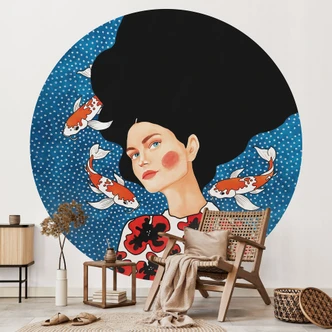 Wall Mural Woman in a flower dress with koi - Hülya - Round - Self-adhesive/non-woven 