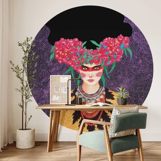 Wall Mural Woman with wreath of flowers and starch - Hülya - Round - Self-adhesive/non-woven 