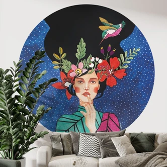 Wall Mural Woman with hummingbird in the starry night - Hülya - Round - Self-adhesive/non-woven 