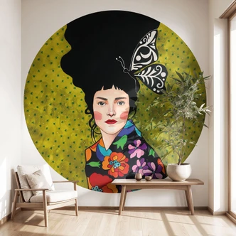 Fotomural Mujer con mariposa en el pelo - Hülya - Redondo - Autoadhesivo/no tejido Fotomural Mujer con mariposa en el pelo - Hülya - Redondo - Autoadhesivo/no tejido