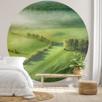 Fototapete Landschaft - Idyllische Felder im Nebel - Keller - Rund - Selbstklebend/Vlies 