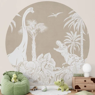 Fotobehang Dinosaurussen in de wilde jungle - Bruin - Kikki Belle - Rond - vliesbehang/zelfklevend vliesbehang Fotobehang Dinosaurussen in de wilde jungle - Bruin - Kikki Belle - Rond - vliesbehang/zelfklevend vliesbehang