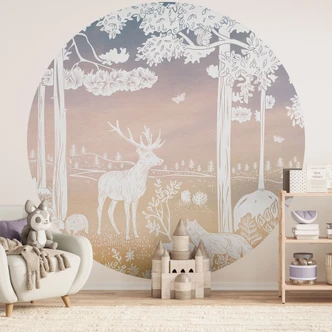 Fototapete Friedlicher Wald mit Hirschen und Füchsen - Ombre - Kikki Belle - Rund - Selbstklebend/Vlies 