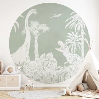Fototapete Grüne Urzeitwelten - Dinosaurier unter Palmen - Kikki Belle - Rund - Selbstklebend/Vlies 