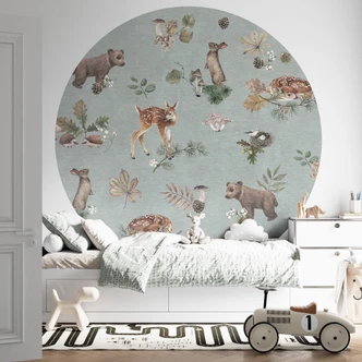 Fototapete Rehkitz und Waldfreunde - Tiere für Kinder - blau - Kikki Belle - Rund - Selbstklebend/Vlies 