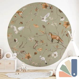 Fototapeta do pokoju dziecięcego wesołe leśne zwierzęta na gałęziach - Kikki Belle - okrągła - samoprzylepna/nietkana 