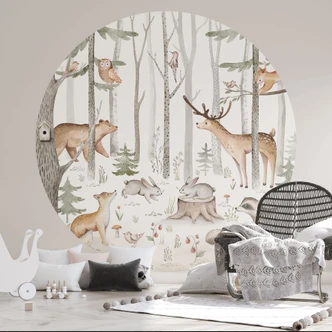 Wall Mural Adventure with forest animals - Kvilis - Round - Self-adhesive/non-woven 