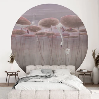 Lotusbloemen met zwaan in het water in donkerroze - Ms Tiff - Rond - Zelfklevend/niet-geweven 