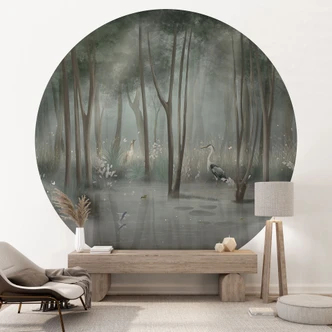 Tågeskov ved søen med fiskehejre i grønt - Ms Tiff - Rund - Selvklæbende/ikke-vævet 