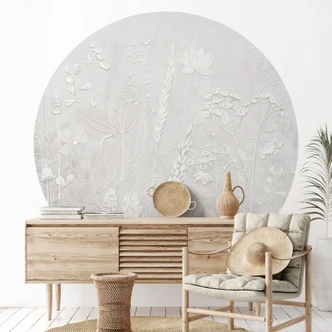Fotobehang met bloemenreliëf - Planten in wit in een modern ontwerp - Ms Tiff - Rond - Zelfklevend/niet-geweven 