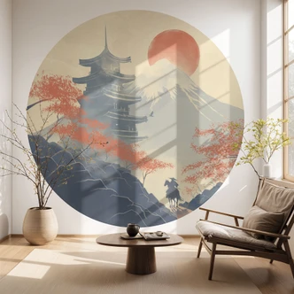 Zonsopgang bij de Pagode | Japan Kunst - Roze - Rond behang - vliesbehang/zelfklevend vliesbehang 