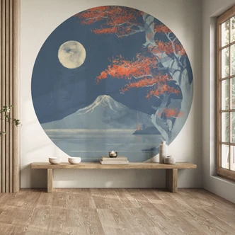 Fotomurale Giappone - Luna piena sulla cima del Fuji-san - Roze - Rotondo - carta da parati in tessuto non tessuto/carta da parati in tessuto non tessuto autoadesiva 
