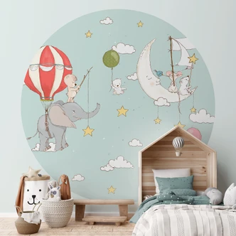 Kinderzimmer Fototapete Fliegende Tiere mit Heißluftballon - Skellern - Rund - Selbstklebend/Vlies 