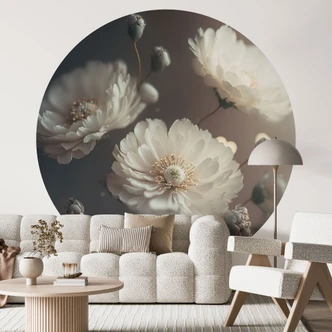 Wall Mural White Flowers with Gold Dust - Treechild - Round - Self-adhesive/non-woven 