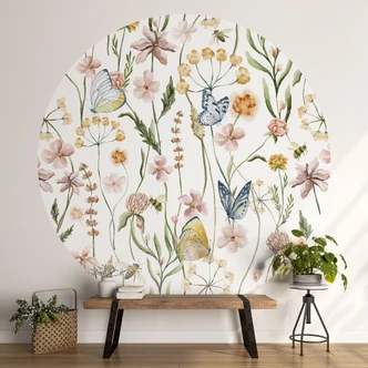 Behangcirkel Lenteweide met vlinders - UN Designs - vliesbehang/zelfklevend vliesbehang 
