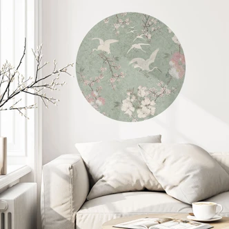 Wandtattoo Kraniche im Kirschblüten-Rausch Grün - Bloomery Decor - Rund 