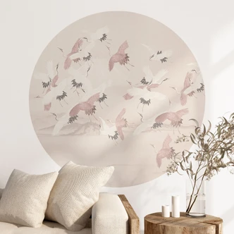 Muursticker Kraanvogels over het meer - Bloemdecor - Rond Muursticker Kraanvogels over het meer - Bloemdecor - Rond