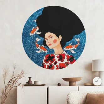 Naklejka na ścianę Kobieta w kwiecistej sukience z karpiami koi - Hülya - Okrągła 