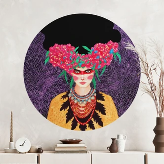 Naklejka na ścianę Kobieta z wieńcem kwiatów i siłą - Hülya - Okrągła 