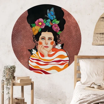 Wallsticker Kvinna med blomkrona och katter - Hülya - Rund Wallsticker Kvinna med blomkrona och katter - Hülya - Rund