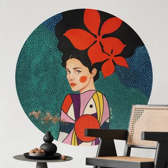 Wandtattoo Frau mit roten Blüten und Musterkleid - Hülya - Rund Wandtattoo Frau mit roten Blüten und Musterkleid - Hülya - Rund