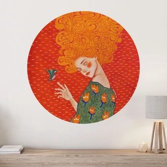 Muursticker kolibrie en vrouw in rood licht - Hülya - Rond 