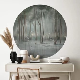 Wandtattoo Nebelwald am See mit Reiher in Grün - Ms Tiff - Rund 