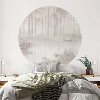 Muursticker bos bij het meer in beige mist - Ms Tiff - Rond 