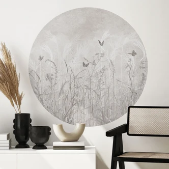 Muursticker wilde bloemenweide met vlinders in Scandinavisch ontwerp - Ms Tiff - Rond 