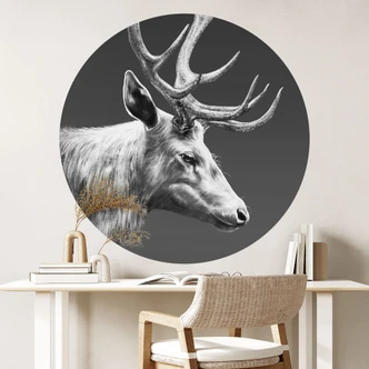 Muursticker hert met gewei zwart wit - Roberg - Rond Muursticker hert met gewei zwart wit - Roberg - Rond