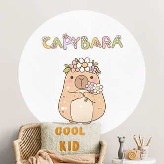 Söt capybara med blomkrona Wallsticker - Rund 
