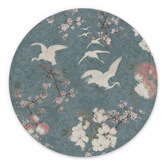 Wandbild Kraniche im Kirschblüten-Rausch Blau - Bloomery Decor - Alu-Dibond Rund 