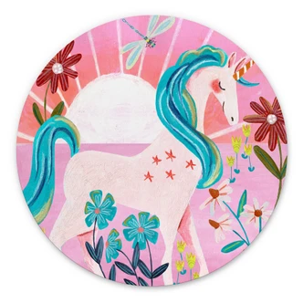 Wandcirkel Eenhoorn op een kleurrijke bloemenweide - Bonne Müller 