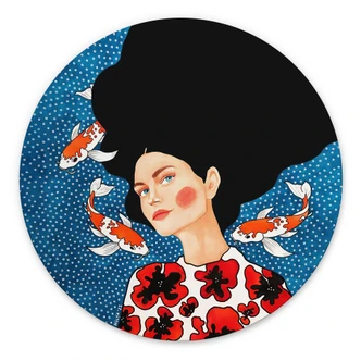 Wandbild Frau im Blütenkleid mit Kois - Hülya - Alu-Dibond Rund 
