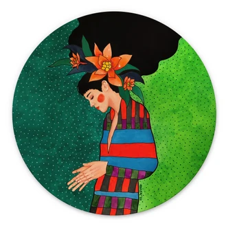 Wandbild Frau im Streifenkleid mit orangen Blüten - Hülya - Alu-Dibond Rund 