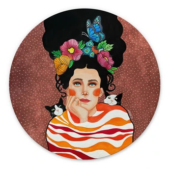 Wandbild Frau mit Blumenkrone und Katzen - Hülya - Alu-Dibond Rund 