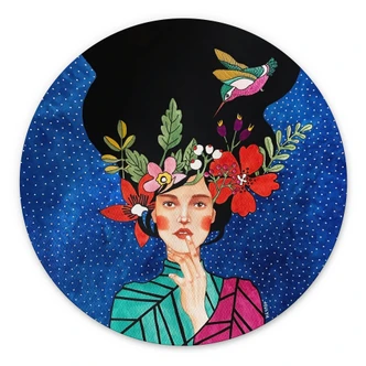 Wandbild Frau mit Kolibri in der Sternennacht - Hülya - Alu-Dibond Rund 
