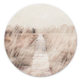 Dibond Wanddecoratie Dromerig landschap met houten loopbrug 