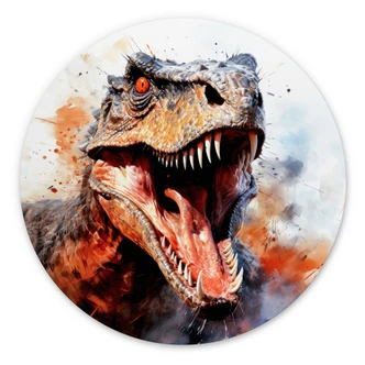 Muurschildering T-Rex: Het wilde gezicht van de prehistorie - Jaszke - Alu-Dibond Rond 