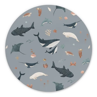 Ronde muurschildering Maritieme onderwaterwereld - walvissen en zeedieren - Kikki Belle 