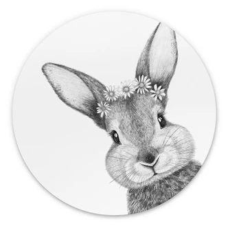 Ronde muurschildering Schattig konijn met kamillebloemen - Korenkova - Aluminium- Dibond 