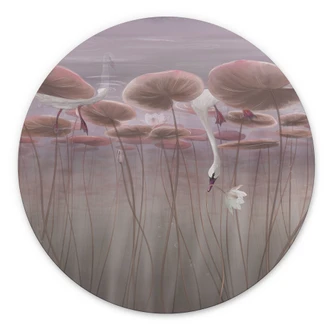 Wanddecoratie lotusbloemen met zwaan in water in schemerroze - Ms Tiff - Alu-Dibond Rond 