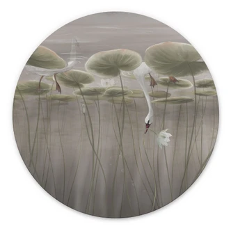 Wanddecoratie Lotusbloemen met zwaan in water in grijs - Ms Tiff - Alu-Dibond Rond 