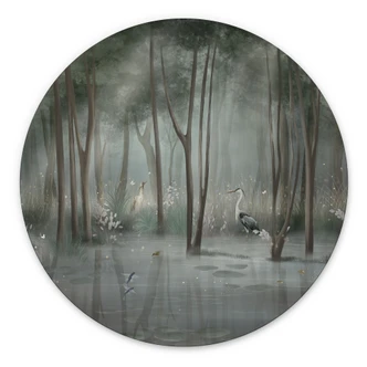 Wandbild Nebelwald am See mit Reiher in Grün - Ms Tiff - Alu-Dibond Rund 