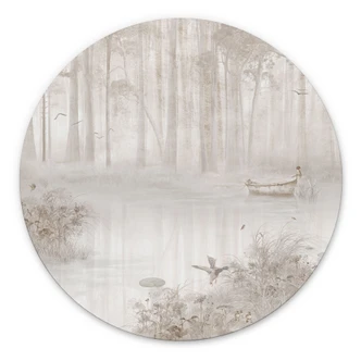 Wanddecoratie Bos aan het meer in beige mist - Ms Tiff - Alu-Dibond Rond 