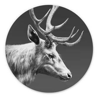 Wanddecoratie hert met gewei zwart-wit - Roberg - Aluminium dibond - Rond 