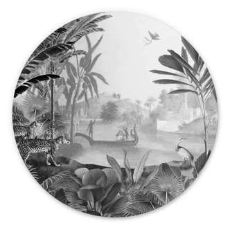 Wandcirkel Sir Edward - Landschap met Luipaarden zwart-wit Wandcirkel Sir Edward - Landschap met Luipaarden zwart-wit