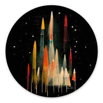 Rundes Wandbild Treechild - Bunte Raketen auf galaktischer Reise - Alu-Dibond 