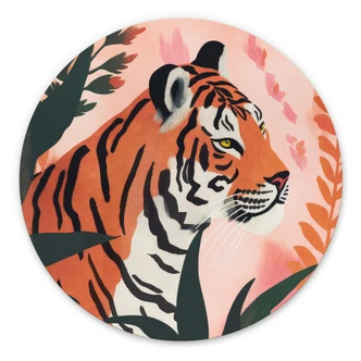 Wandcirkel Tijger in een roze jungle - Treechild Wandcirkel Tijger in een roze jungle - Treechild